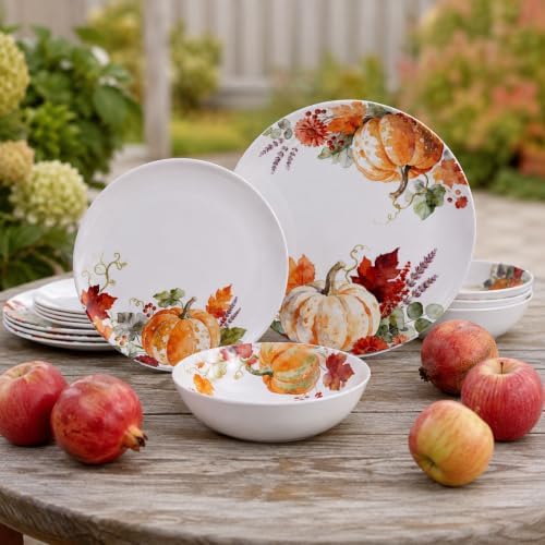 Melamine Dinnerware Set for 4, 12-Piece Pumpkin Plates and Bowls, BPA-Free - Image 6