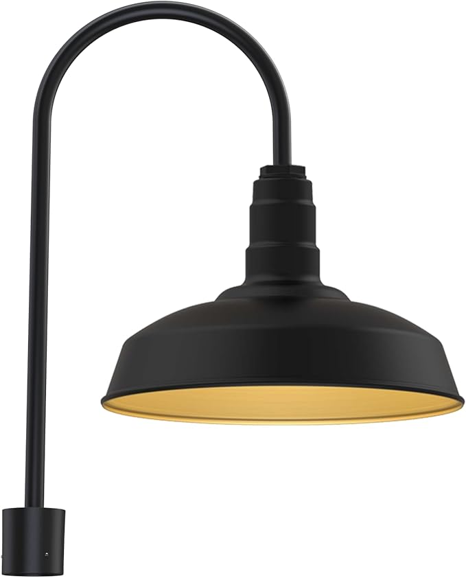 Steel Lighting Co. Gardena Barn Light | Outdoor Pole Top Mounted | 16" Dome | Upslope Gooseneck with Slip Fitter for 2-3/8" Standard Poles | Made in America | Matte Black Exterior/Brass Interior
