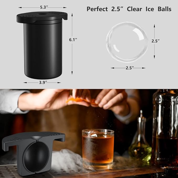 TINANA Clear Ice Ball Maker, 2.5” Clear Ice Cube Tray Make 1 Large Sphere Ice Balls for Whiskey, Cocktails & Bourbon, Gifts for Men