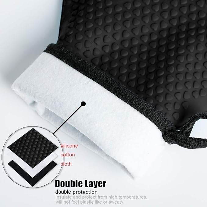Kitchen Oven Gloves - Dual-Layer Heat Resistant Grilling Gloves, Silicone Oven Mitts with 5 Fingers, Waterproof Non-Slip Pot Holder for Barbecue, Cooking, Baking (Black Long)