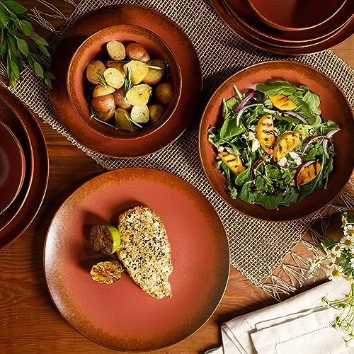Bloomhouse - Two Time Oprah's Favorite Things Winner - Palermo Sun Double Bowl Stoneware Reactive Glaze Plates and Bowls Dinnerware Set - Paprika Red, Service for Four (16pcs) - Image 4