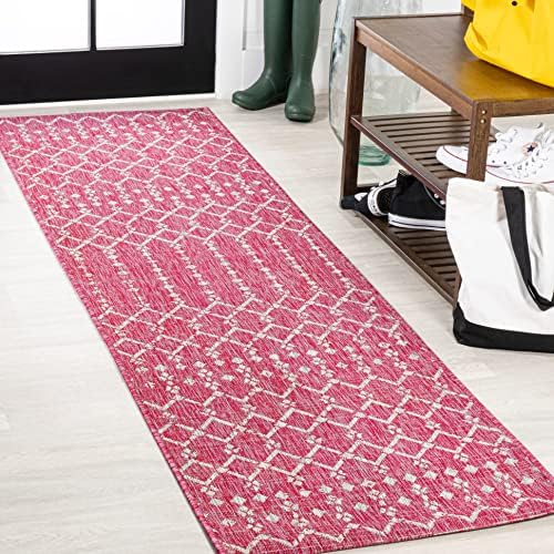 JONATHAN Y Moroccan Geometric Indoor Outdoor Runner Rug 2X8 Fuchsia/Light Gray, Ourika Textured Weave for Backyard, Patio, Porch, Easy-Cleaning, Pet-Friendly, Non-Shedding (SMB108Q-28) by JONATHANY