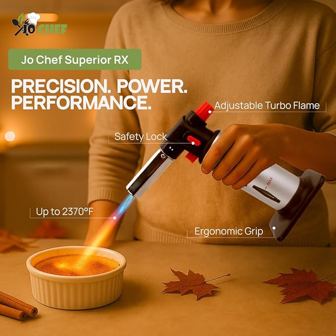 Jo Chef Kitchen Torch With Butane included, Refillable Butane Torch, Creme Brulee Torch, Blow Torch Lighter gun With Safety Lock & Adjustable Flame, 3 Cans (3.38oz) Included