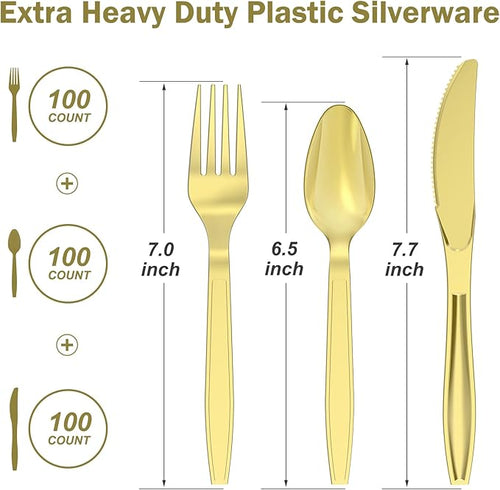 300 Count Extra Heavy Duty Gold Plastic Silverware, 100 Forks, 100 Spoons, 100 Knives, BPA-Free, Heat Resistant, Disposable Plastic Utensils Set, Plastic Cutlery Set, Plasticware Bulk