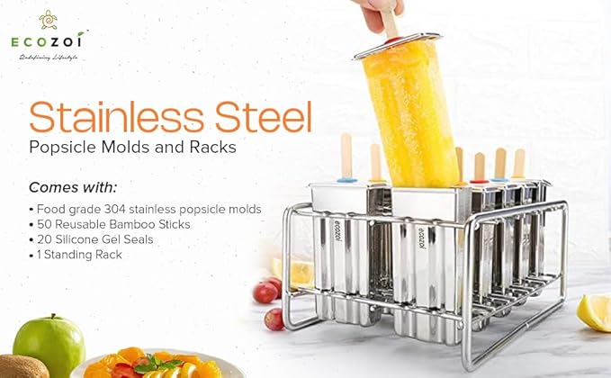ecozoi Stainless Steel Popsicle Molds and Rack - 10 Square Ice Pop Makers + 50 Reusable Bamboo Sticks + 20 Silicone Seals + 1 Cleaning Brush + 1 Rack
