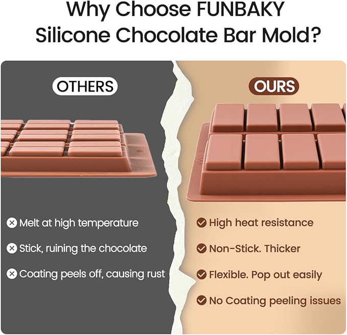 FUNBAKY Dubai Silicone Chocolate Bar Mold - 1-Inch Deep Cavities, Large Thick Candy Bar Mold, Ideal for Filling Pistachio Chocolate, Includes Scraper, 1 Pack