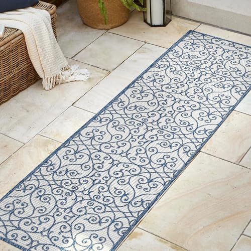 JONATHAN Y Vintage Filigree Indoor Outdoor Runner Rug 2X8 Blue/Cream, Madrid Textured Weave for Backyard, Patio, Porch, Easy-Cleaning, High Traffic, Pet-Friendly, Non-Shedding (SMB107F-28) - Image 3