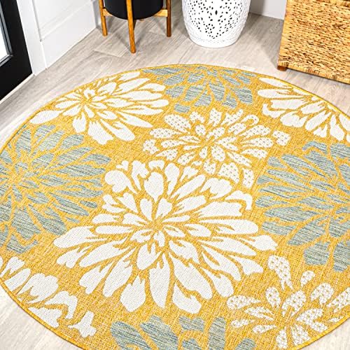 JONATHAN Y Floral Textured Weave Indoor Outdoor Round Area Rug 5 Ft Yellow/Cream, Zinnia Modern for Backyard, Patio, Porch, Easy-Cleaning, High Traffic, Pet-Friendly, Non-Shedding (SMB110G-5R) by JONATHANY