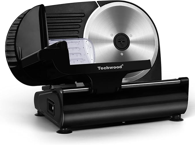 Meat Slicer, Techwood 200W Electric Food Slicer with Removable 9” Stainless Steel Blade, Deli Fruit Vegetable Cutter with Adjustable Knob for Thickness, Food Carriage & Non-Slip Feet, Double Blade