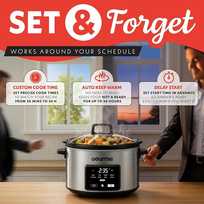 Gourmiia 4.5 Qt Programmable Slow Cooker with 5 Presets, Slow Cook, Digital Timer, Keep Warm Function, Nonstick Interior, Dishwasher Safe (Stainless Steel)