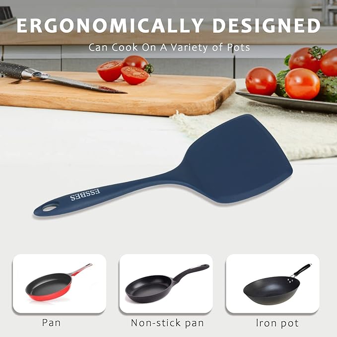 Extra Large Silicone Turner - 600F Heat Resistant Nonstick Flexible Kitchen Spatula, BPA Free Dishwasher Safe Utensils, Nonslip Grips One Piece Cookware Suitable for Cooking Baking (Blue)