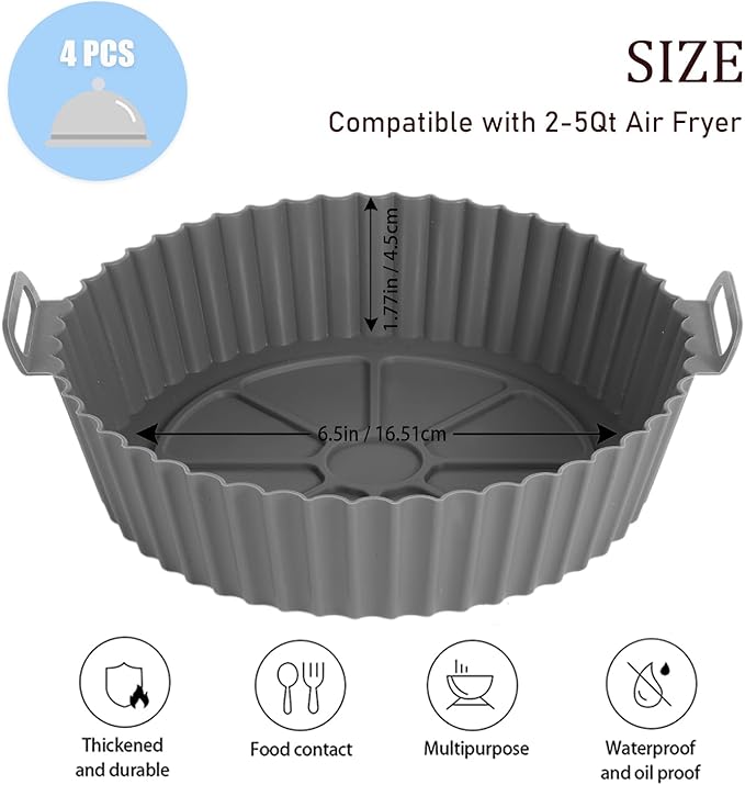Air Fryer Silicone Liners, Pot 4 Pcs Reusable Non-Stick Air Fryer Basket Bowl Fit 3-5QT Air fryer Baking Replacement of Flammable Parchment Paper(Round, 6.5 Inch)