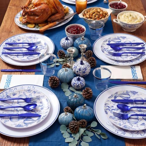 175 Pcs Rosh Hashanah Fall Plastic Dinnerware Set, Pumpkin, Blue - Image 5