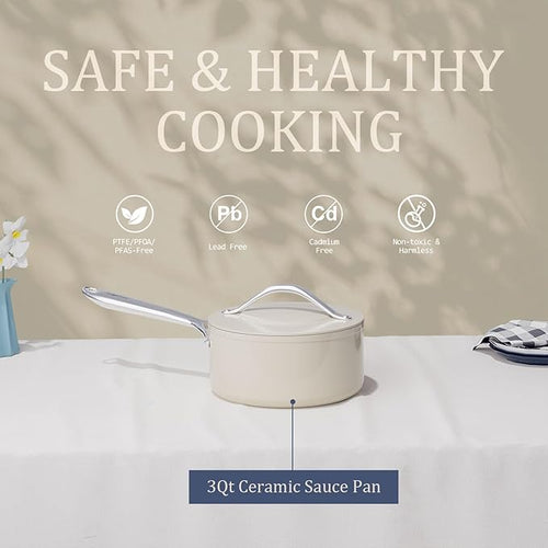 3.5QT Nonstick Ceramic Sauce Pan with Lid Soup Pot Even Heat Distribution, Non Toxic PFAS-Free Small Cooking Pot for All Stovetops (Induction/Gas/Electric), Oven Safe 500°F, Cream