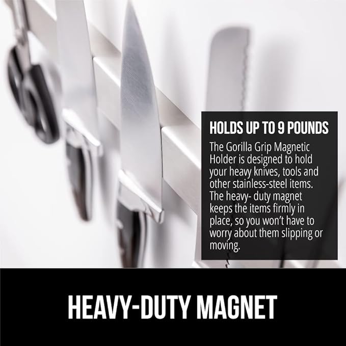GORILLA GRIP Stainless Steel Magnetic Knife Holder for Wall, 14 Inch, Multi-Purpose Magnet Bar for Knives, Tools, Art Supplies, Heavy Duty Strip Holds Up to 6 lbs, Kitchen Organizer, Drilling Required