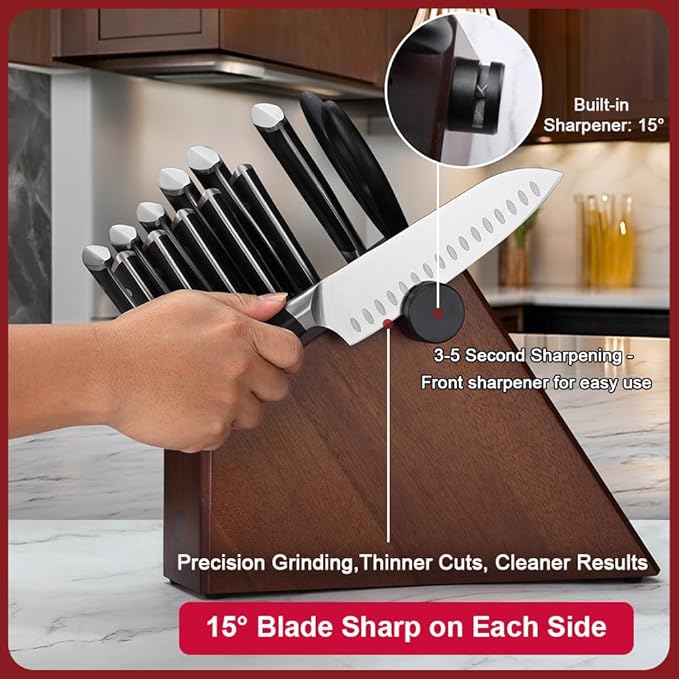 Knife Set,15-Piece Kitchen Knife Set with Block and Sharpener,50Cr15Mov High Carbon Stainless Steel,Razor Sharp Professional Knives,Ultra-Smooth knife,Ergonomic Black Anti-slip Handles,Dishwasher Safe