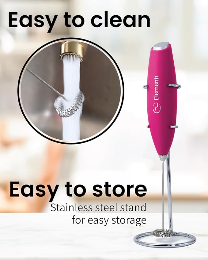 Elementi Pink Electric Milk Frother with Stand - Drink Mixer Handheld Stirrer - Coffee Whisk - Pink Coffee Maker - Espumador de Leche - Hand Frother with Stand (Hot Pink)