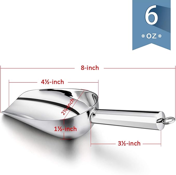 E-far 6 Ounce Ice Scoop Set of 2, Small Stainless Steel Scoops for Ice Cube/Candy/Flour/Sugar, Metal Utility Scoops for Canisters, Baking, Kitchen Pantry, Rust Free & Dishwasher Safe