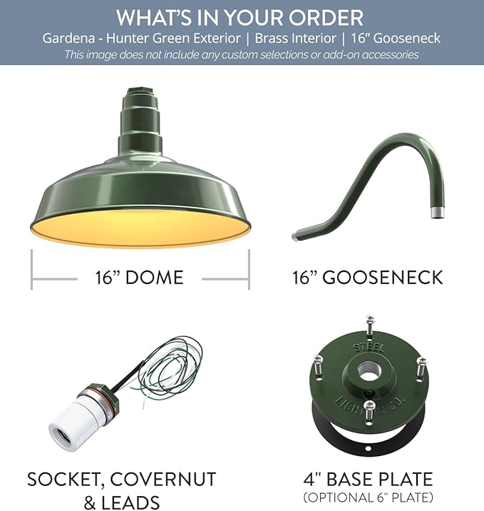 Steel Lighting Co. Gardena Barn Light | Outdoor Wall Mounted | 16" Dome | 16" Gooseneck | Farmhouse Light Made in America | Hunter Green Exterior/Brass Interior