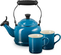 Le Creuset Enamel On Steel Demi Kettle & Stoneware Set of 2 Mugs, 1.25 qt. Kettle & (2) 14 oz. Mugs, Deep Teal