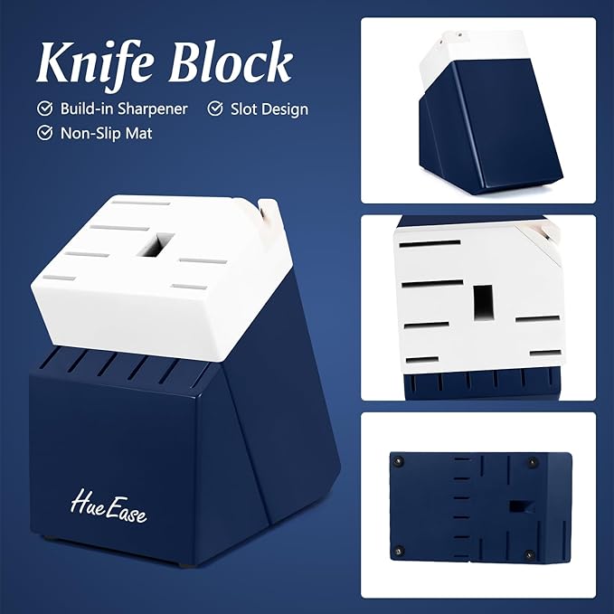 Kitchen Knife Set with Block and Build-In Sharpener,14-Piece German High Carbon Stainless Steel Knives Sharp Blade, Dishwasher Safe (14pcs-blue with white ceramic coating)