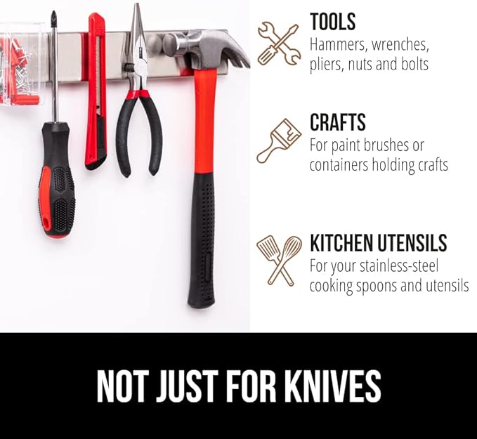 GORILLA GRIP Stainless Steel Magnetic Knife Holder for Wall, Multi-Purpose Magnet Bar for Knives, Tools, Art Supplies, Heavy Duty Strip Holds Up to 6 lbs, Kitchen Organizer, Drilling Required, 10 Inch