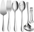 6 PCS Stainless Steel Serving Utensils, Large Serving Spoons Slotted Spoons, Forks, Ice Suger Tongs, Cake Server, Soup Ladle, Metal Utensils Set Great for Buffet Catering Banquet Party, Silver