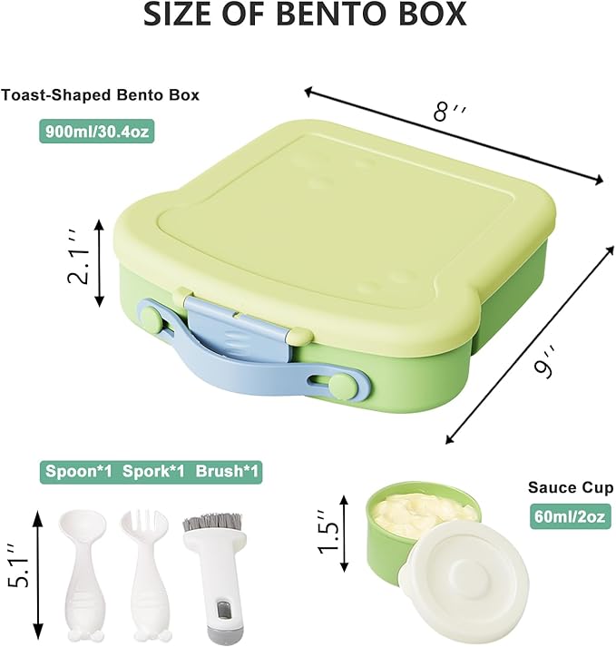 Bento Lunch Box - Toast-Shaped 4-Compartment Lunchable Food Container with Sauce Cup, Utensils & Brush, BPA-Free, Reusable Snack Container with lid, Ideal for Travel - Yellow