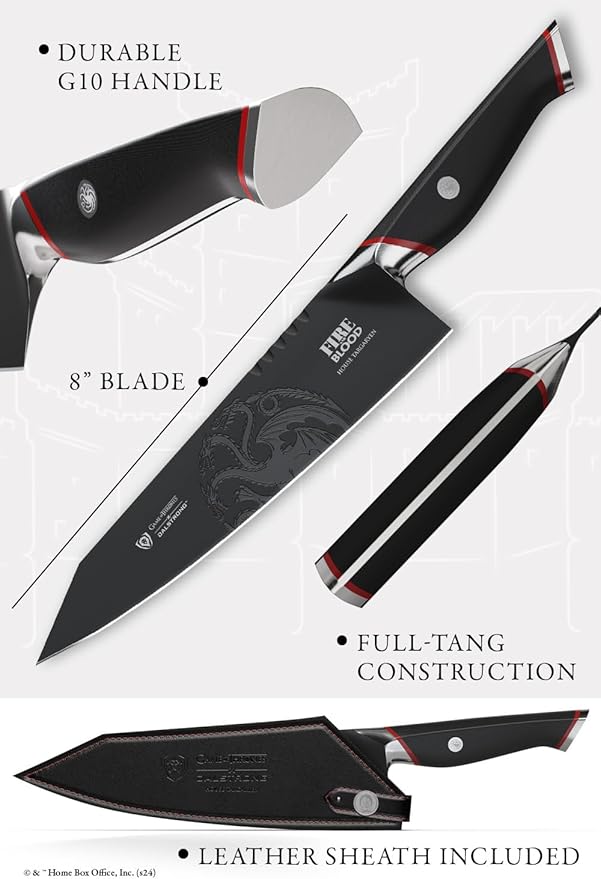 Dalstrong 8 inch Chef Knife- Game of Thrones™ Knife - House Targaryen™ Edition - German Premium Steel - Professional G10 Handle -Collection Item Toughbuilt Knife- w/Sheath