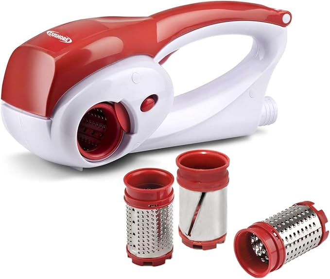 Electric Hard Cheese Grater, Model CES03D, Red, Stainless Steel, Automatic, Cordless, 3 Interchangeable Blades, Easy to Clean