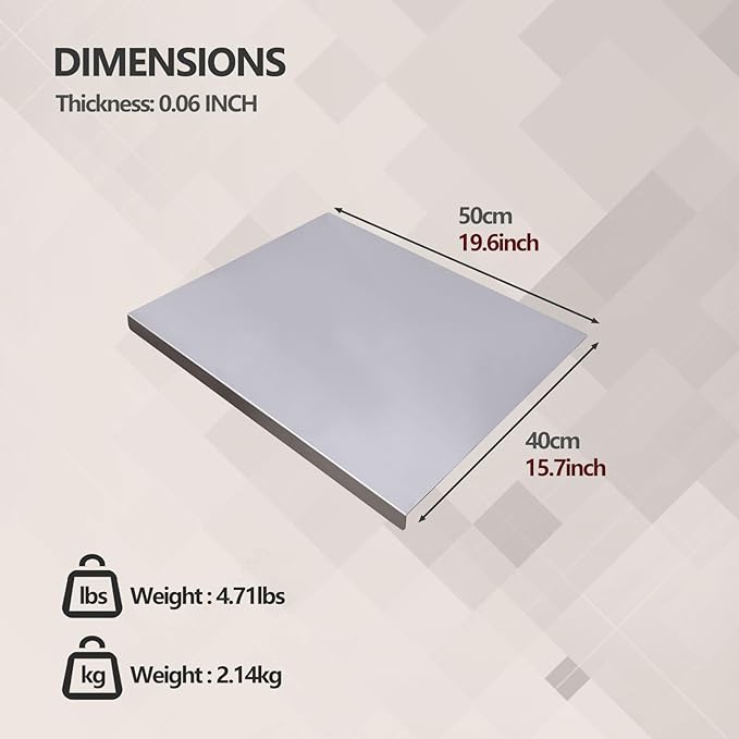 Stainless Steel Cutting Board for Kitchen - 304 Stainless Steel Chopping Boards for Baking, Double-Sided Use for Raw & Cooked Food - Ideal for Homemade Pasta, Pizza & Bread Making (15.7×19.6×0.06")