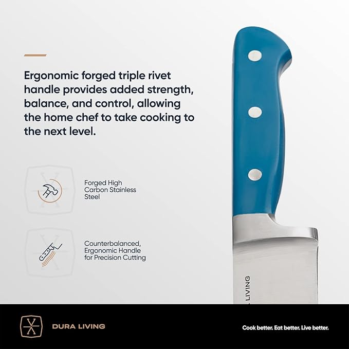 DURA LIVING 3-Piece Kitchen Knife Set – Ultra-Sharp Forged High Carbon Stainless Steel, 8" Chef, 5" Utility, 3.5" Paring Knives, Ergonomic Handles, Professional Starter Set, Royal Blue