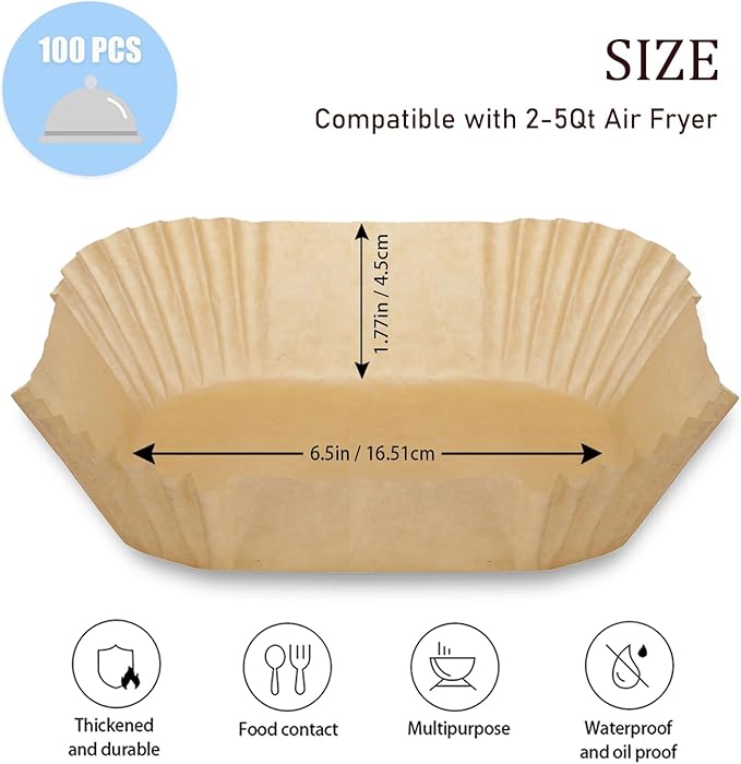 Air Fryer Paper Liners, 100 Pcs Disposable Non-Stick Air Fryer Parchment Paper Fit 2-5QT Air fryer Basket Oil Resistant, Waterproof Baking Paper Roasting Microwave (Square,6.5 Inch)