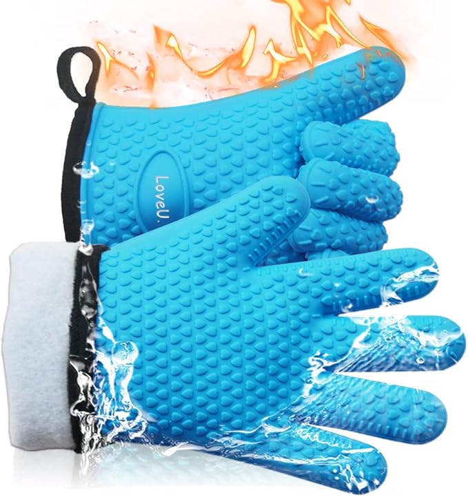 Kitchen Oven Gloves - Dual-Layer Heat Resistant Grilling Gloves, Silicone Oven Mitts with 5 Fingers, Waterproof Non-Slip Pot Holder for Barbecue, Cooking, Baking (XL-XXXL, Blue)