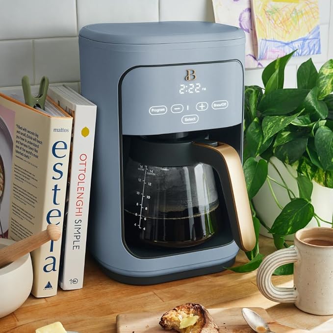 Beautiful by Drew Barrymore 14-Cup Programmable Drip Coffee Maker, Touch-Activated Display, Fast 14-Min Brew, Bold Strength, Keep Warm 4hrs, Gold Filter (Cornflower Blue)