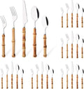 30PCS Silverware Set for 6, Bamboo Handle Flatware Set, Stainless Steel Cutlery Set for Home Restaurant and Party, Bamboo Forks Spoons and Knives Set, Polished Tableware