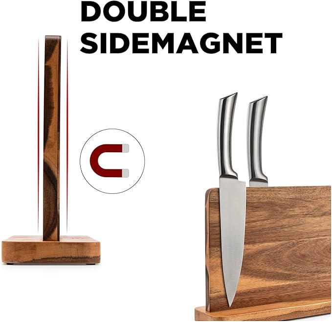 Magnetic Knife Block Kitchen Knife Holder Rack Without Knives- Natural Acacia Knife Storage Organizer with Powerful Magnets for Cutlery Display and Storage
