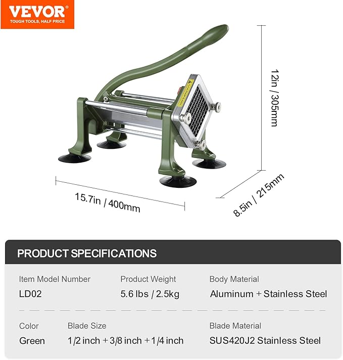 VEVOR French Fry Cutter, Potato Slicer with Stainless Steel Blades, Manual Potato Cutter Chopper with Suction Cups, Great for Potato, French Fries, Cucumber, Vegetables, Carrot