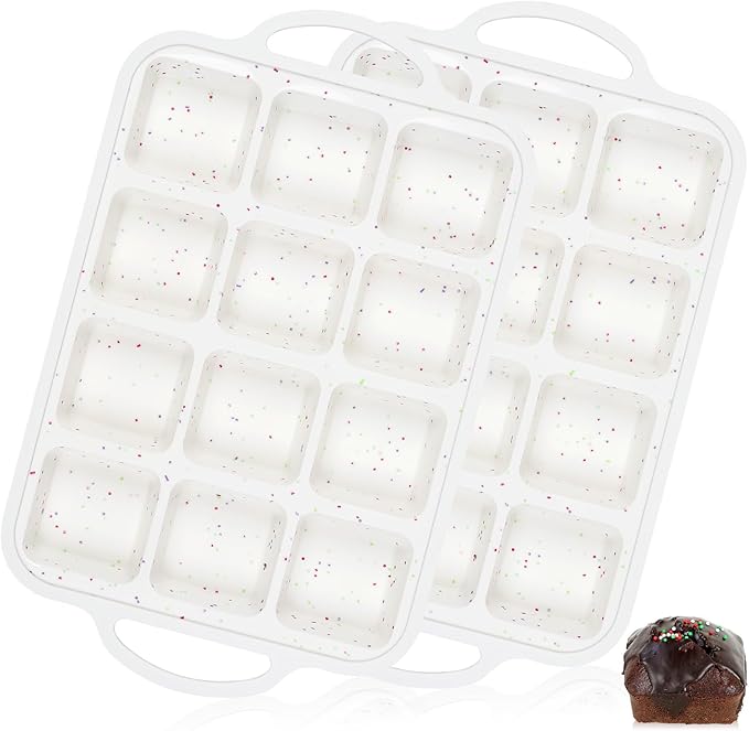 Vinino Silicone Brownie Pan With Dividers, 2 Pack Mini Loaf Pan for Baking Individual, Nonstick 12 Cups Square Muffin Cupcake Pans with Metal Reinforced Frame-Cream