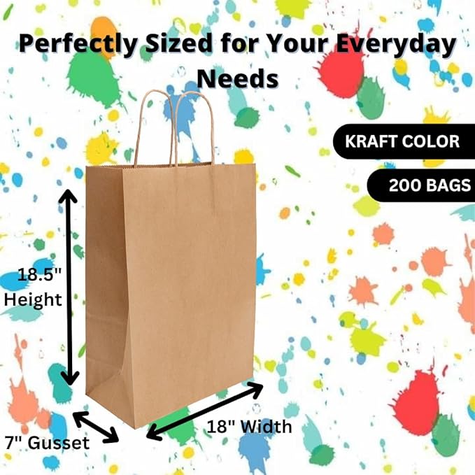 ASSUREPAK DIY Paper Bags - 200 units - Kraft Color - 18"x7"x18.5" - 74LB (110 GSM strong) - Twisted Handle Recyclable Bags for Kids Drawing, Decorating and Creative Projects - 18719NKPAPTHDL