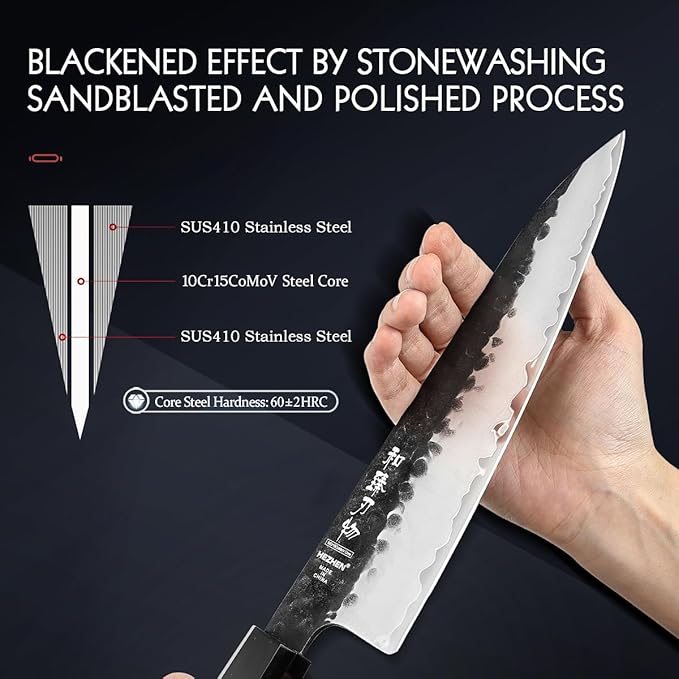 HEZHEN- 8.5 inch Chef Knife,3 Layers High Carbon Composite Forging Steel,Razor Sharp Kitchen Knife, Redwood Octagonal Handle With Wooden Knife Sheath with Premium Gift Box