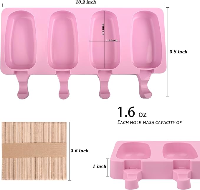 WMKGG Popsicle Silicone Molds Set, 2 PCS Ice Cream Molds with 50 Wooden Sticks for Cake Pop, Ice Pop, Cakesicles (Standard Size/Pink)