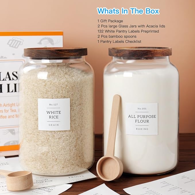 2 PCS Large Glass Jar with Airtight Lid, Glass Food Storage Jars for Tea,Spice,Cereal, Egg,Flour,Coffee and More(1 gallon/4000 ml)
