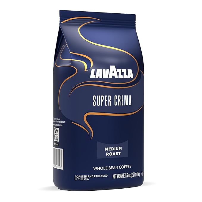 Lavazza Super Crema Whole Bean Coffee, Medium Espresso Roast, Arabica and Robusta Blend, 2.2 lb Bag (Pack of 5)