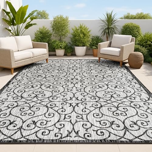 JONATHAN Y Vintage Filigree Indoor Outdoor Area Rug 5X8 Light Gray/Black, Madrid Textured Weave for Backyard, Patio, Porch, Easy-Cleaning, High Traffic, Pet-Friendly, Non-Shedding (SMB107E-5) by JONATHANY