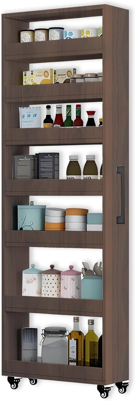 7-Tier Slim Storage Cart, Wooden Rolling Pantry Cabinet with Wheels, Narrow Shelf Organizer for Kitchen, Bakers Rack, Dining Room, Closet, Small Spaces Gray 73.2''H*5.9''W*23.6''D