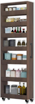 7-Tier Slim Storage Cart, Wooden Rolling Pantry Cabinet with Wheels, Narrow Shelf Organizer for Kitchen, Bakers Rack, Dining Room, Closet, Small Spaces Gray 47.2" H*5.9" W*23.6" D