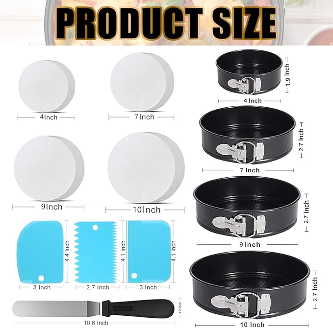 214PCS Round Cake Pan Sets for Baking Cake Decorating Supplies: 4 Non-Stick Springform Pans Set (4, 7,9,10 inches), Icing Tips, Cake Leveler – Leak-Proof Cheesecake Pan