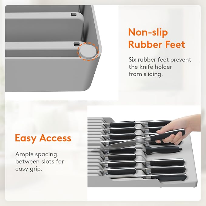 Lifewit Magnetic Drawer Knife Organizers Insert, Kitchen Plastic In Drawer Knife Block Slots for 16 Knives and 1 Sharpening Steel, Extra Large Steak Chefs Knives Holder Storage Sets, Gray