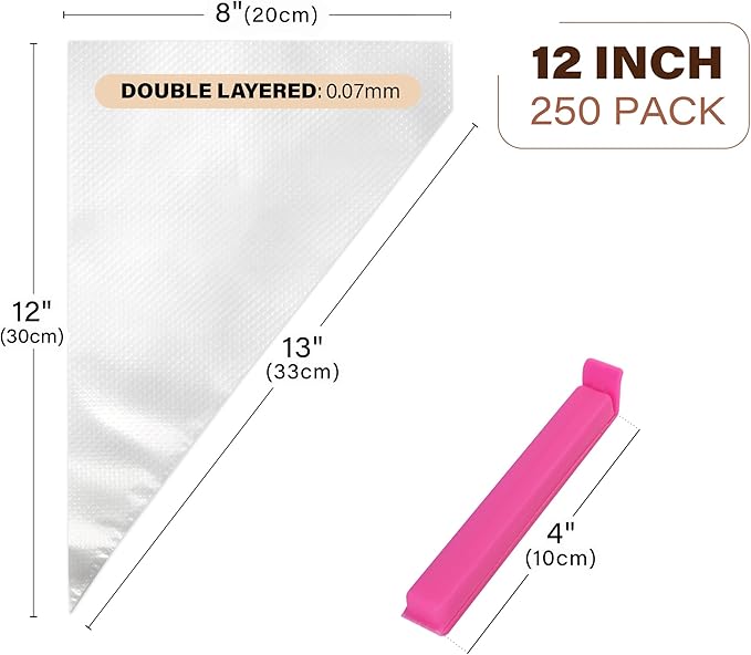 LotFancy 250pcs 12 Inch Piping Bags, Disposable Pastry Bags with 5 Clips, Anti-Burst Icing Piping Bag, Non-Slip Frosting Bags for Cakes and Cookies Decoration